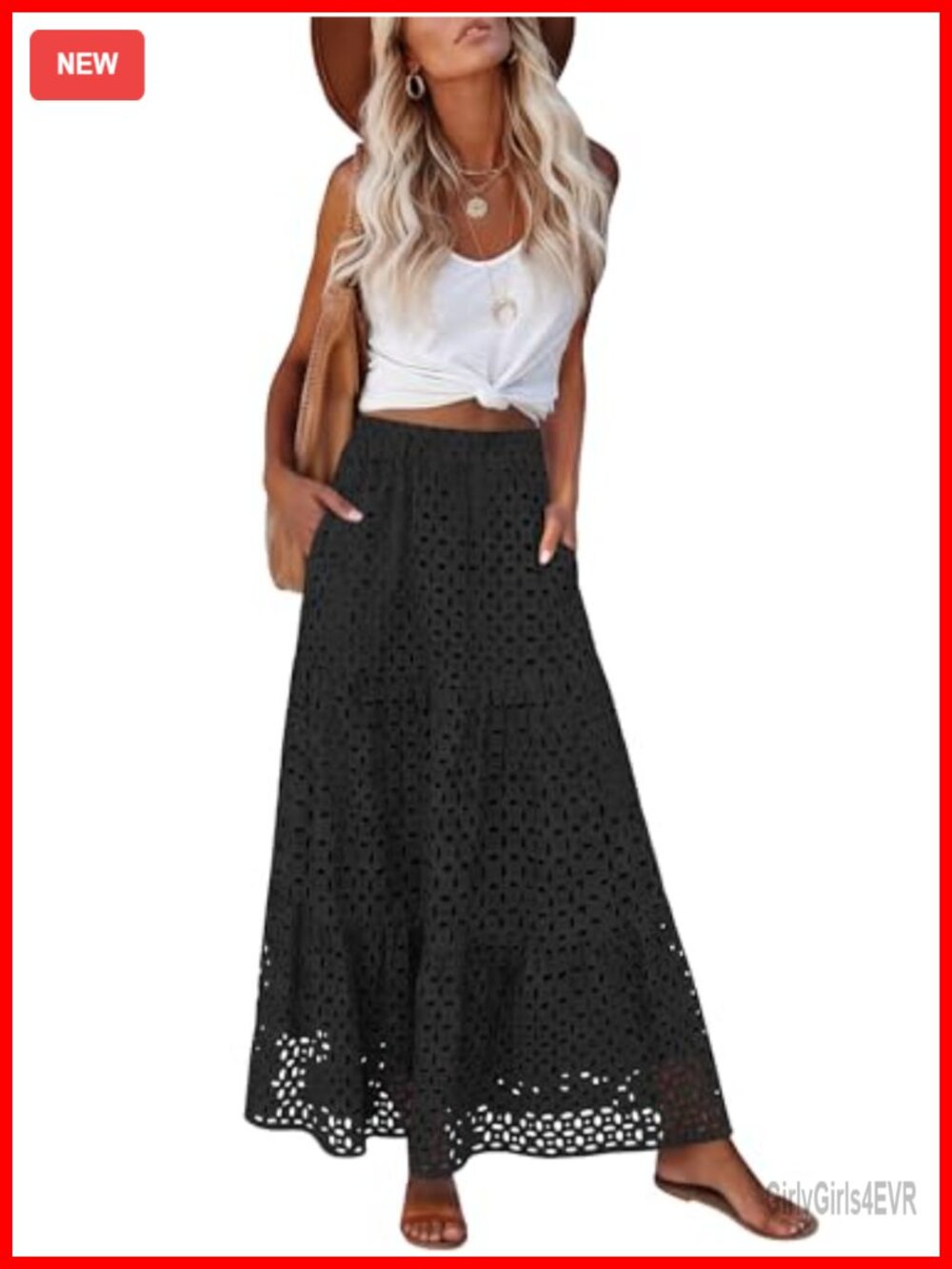 Womens Tiered Eyelet Maxi Skirt High Waisted A-Line Beach Casual